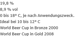 19,8 % 8,9 % vol 0 bis 18° C, je nach Anwendungszweck. Ideal bei 10 bis 12° C World Beer Cup in Bronze 2000 World Beer Cup in Gold 2008 
